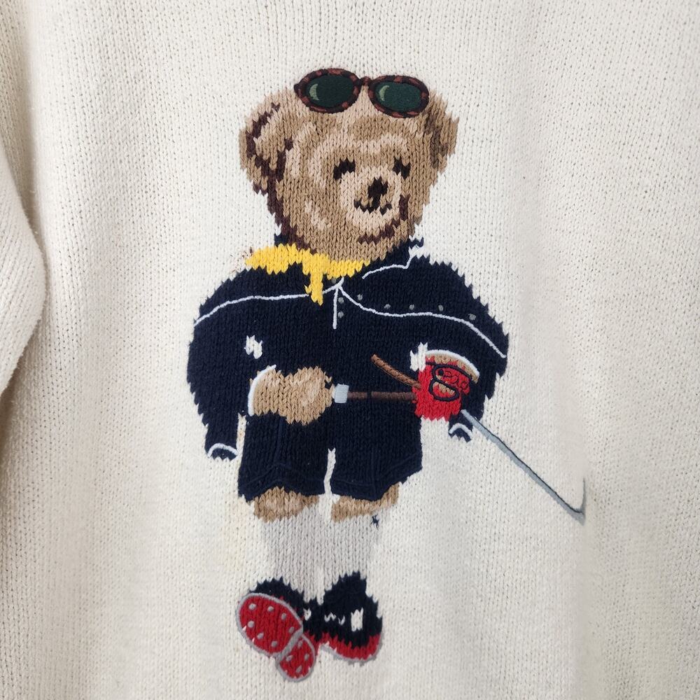 Vintage Ralph Lauren Polo Sport Bear Golf Sweater Cream Large Women Crewneck - Picture 2 of 9